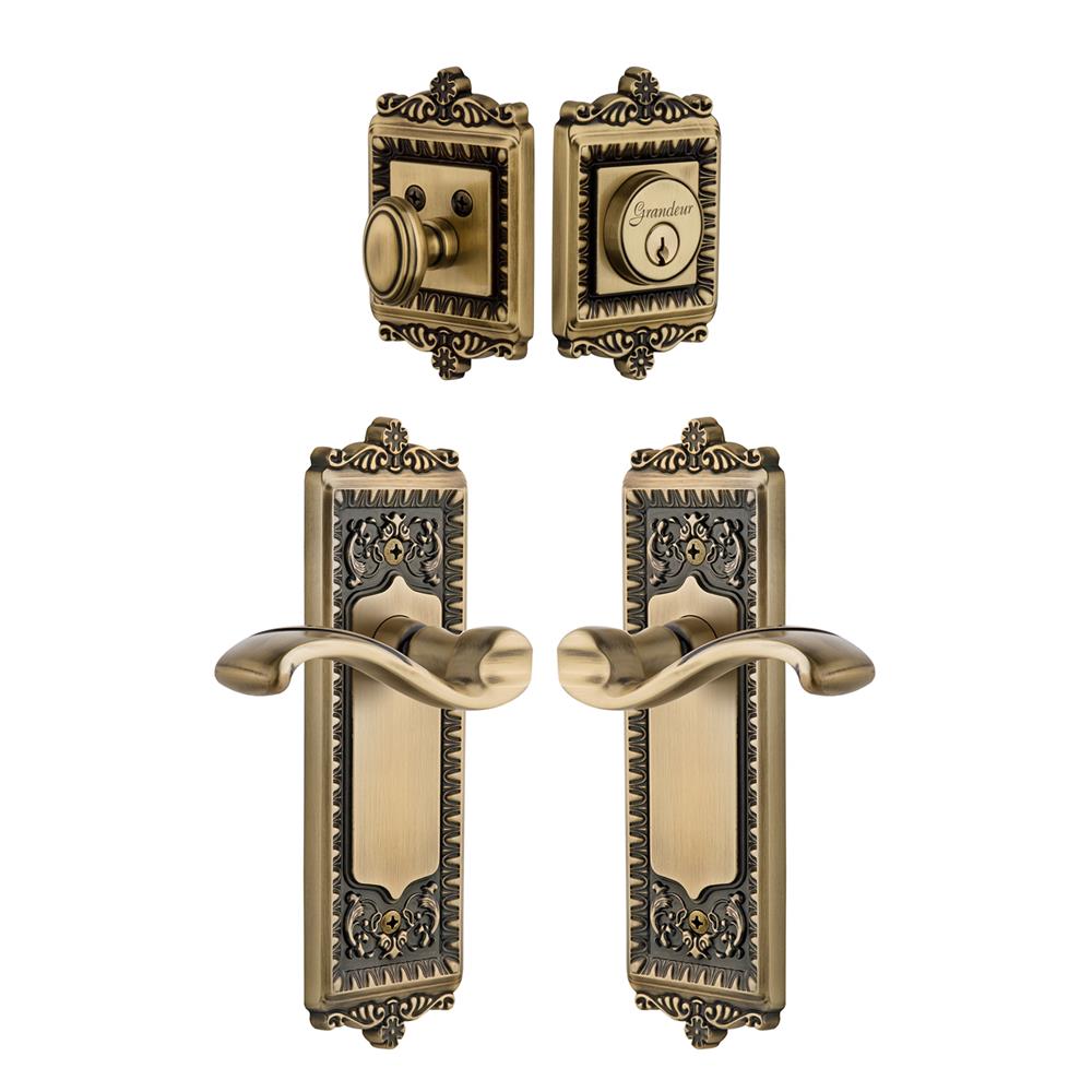Grandeur by Nostalgic Warehouse Single Cylinder Combo Pack Keyed Differently - Windsor Plate with Portofino Lever and Matching Deadbolt in Vintage Brass